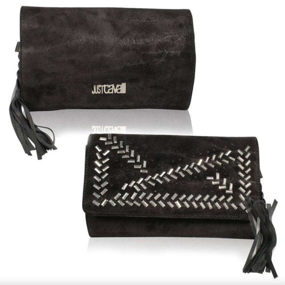 Just Cavalli Elegant Black Suede Braided Clutch: A Blend of Style and Sophist - Picture 1 of 1